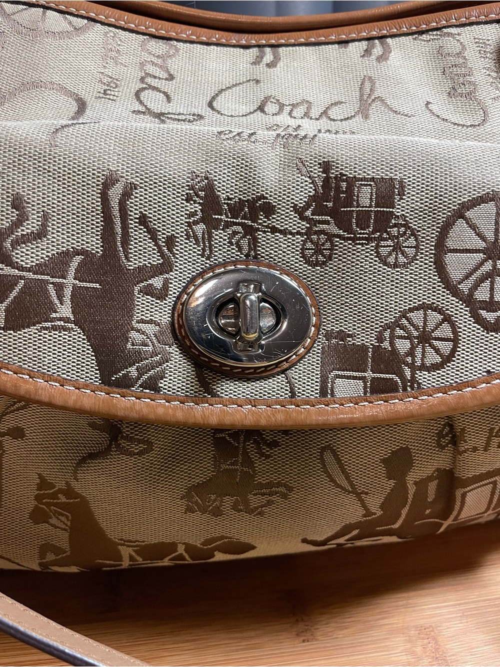 Coach Beige Signature Canvas Shoulder Bag with Brown Trim - Picture 2 of 16
